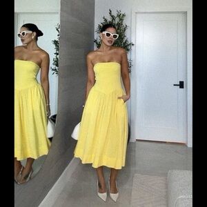 Strapless Tube Top Yellow Drop Waist Midi Dress Sz L